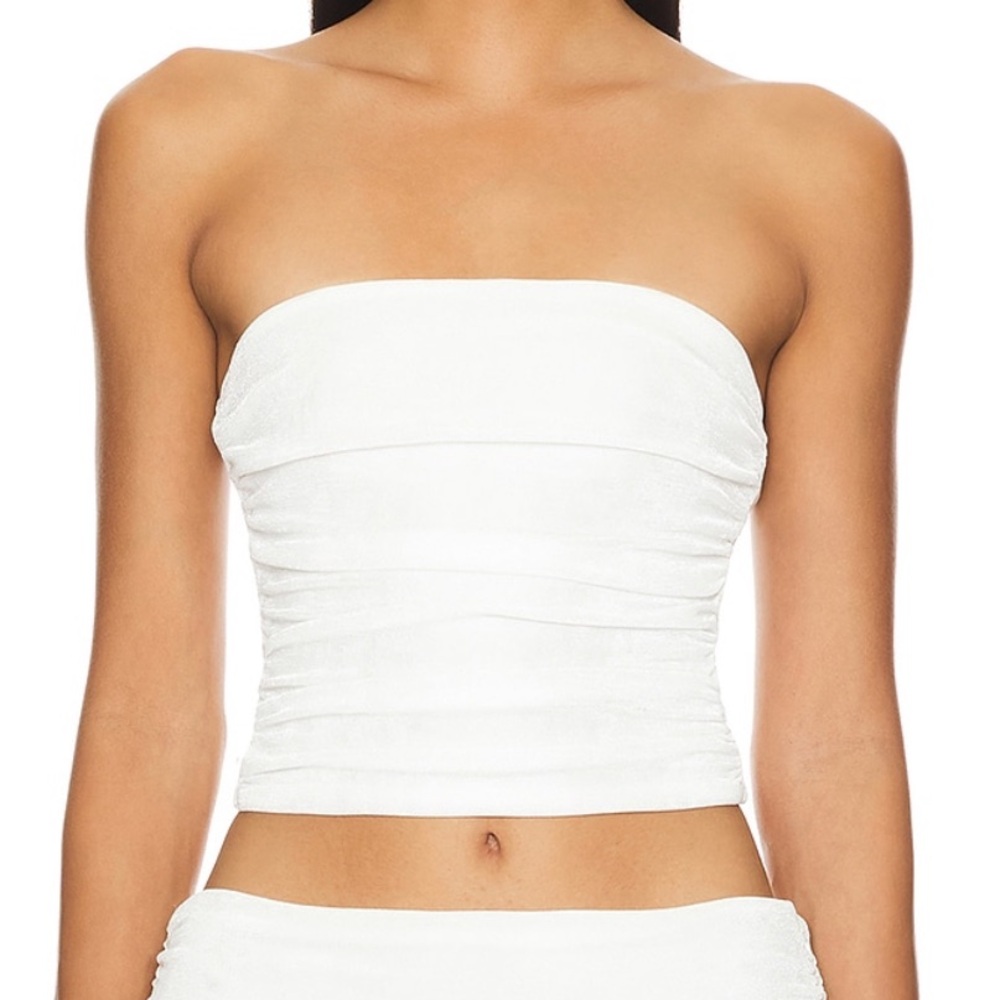 SER.O.YA Penny Strapless Cropped Tube Top in White Double Layered Mesh Revolve